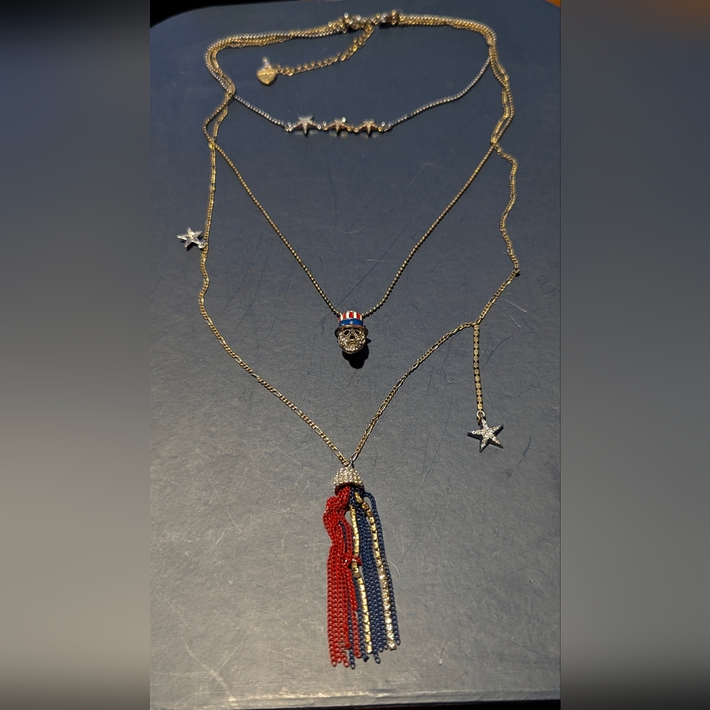 Betsey Johnson Patriotic Skull Necklace with Star Charms